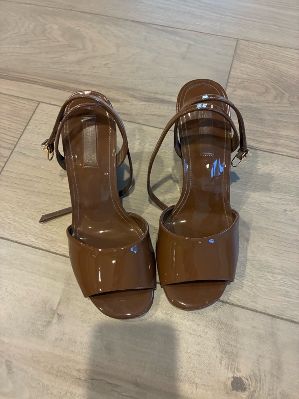 Larroude Patent Leather Brown Open-Toe Strap Heels